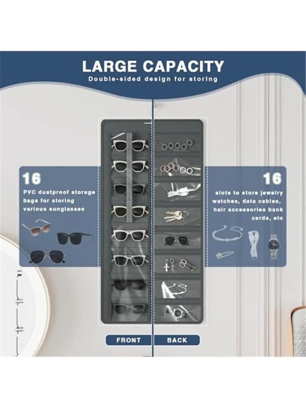 Hanging Sunglasses Organizer and Storage 32 Slots Jewelry Holder Gray